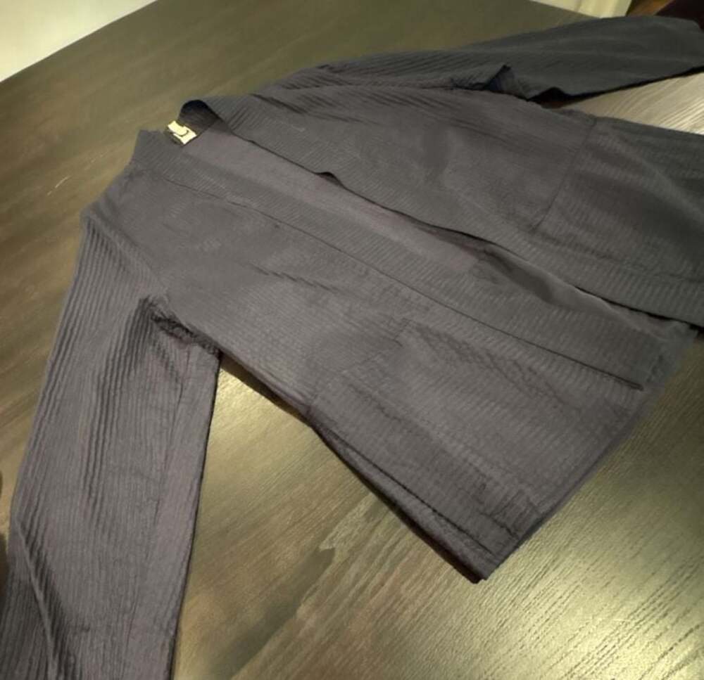 Eileen Fisher Navy Blue Silk Open Front Kimono Jacket with Pockets size L textur